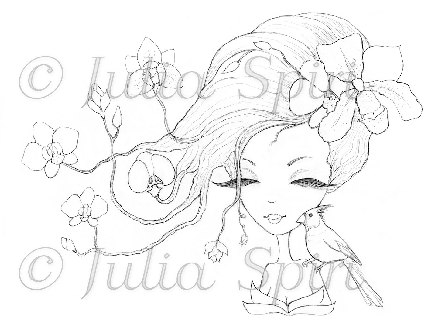 Coloring page fantasy girl with flowers orchids â the art of julia spiri