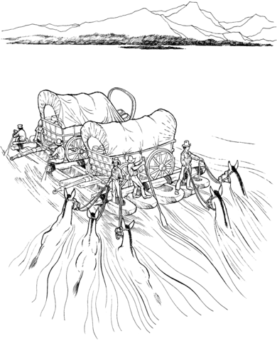 Settlers navigate a river on a raft with covered wagons coloring page free printable coloring pages