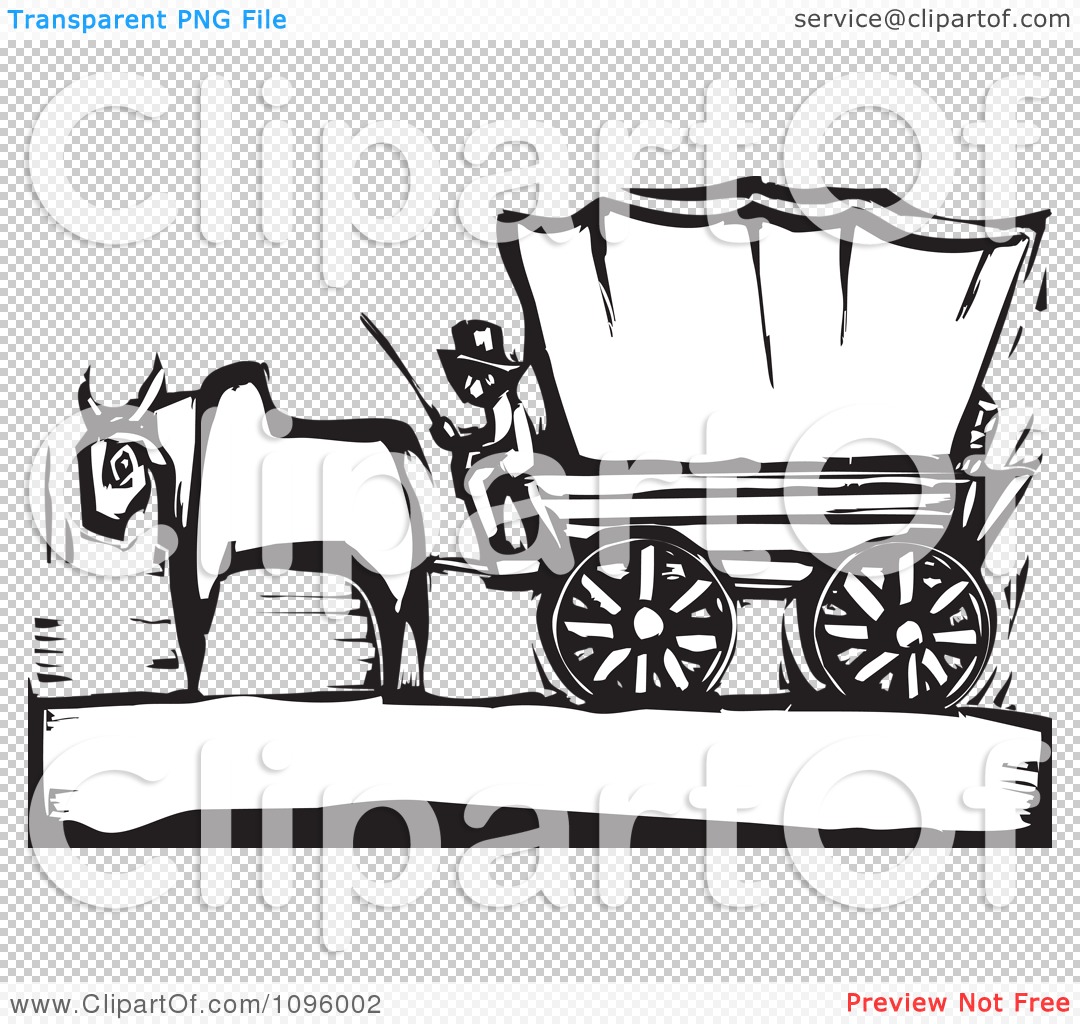 Clipart pioneer and ox with a covered wagon on the oregon trail black and white woodcut