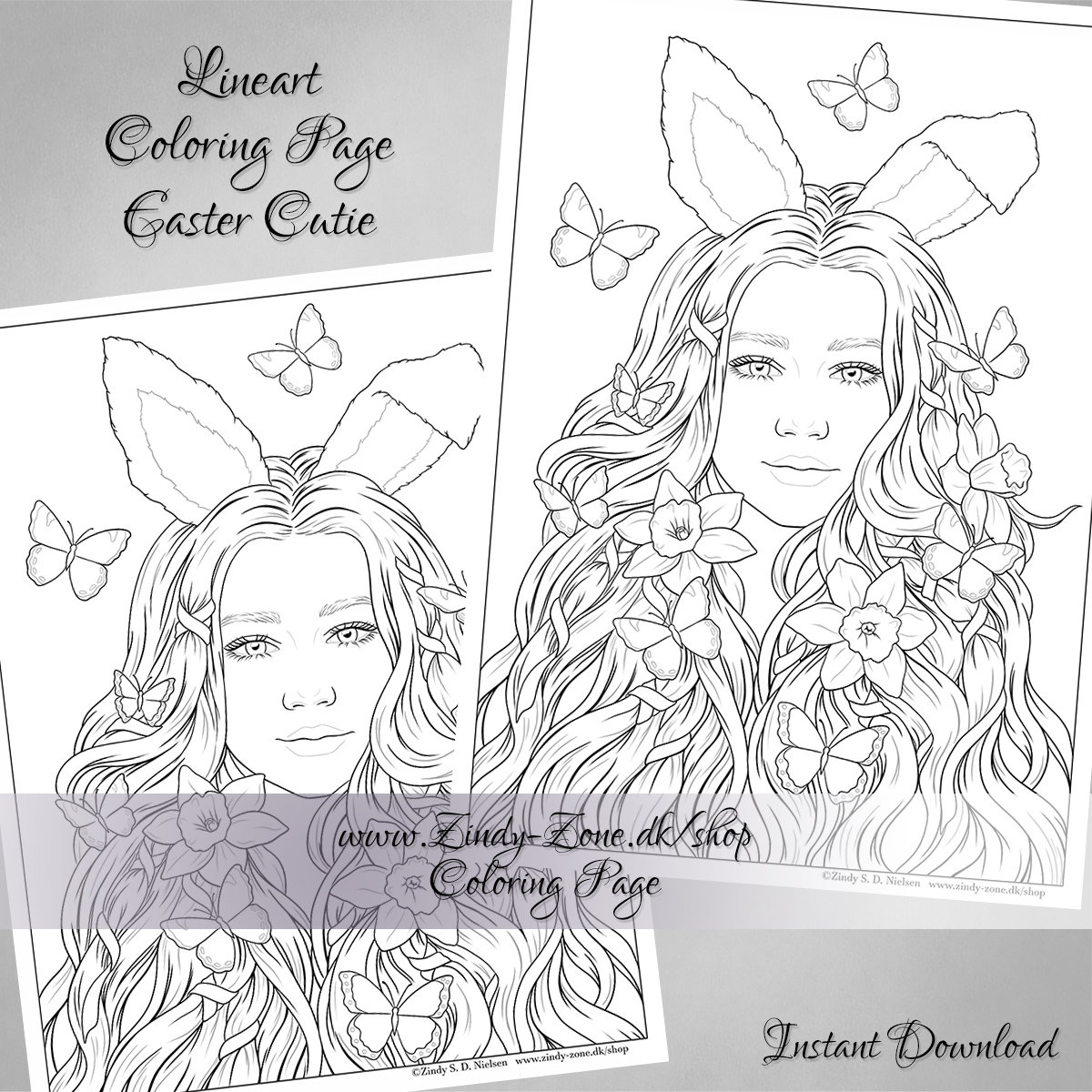 Lineart coloring page lindo conejo de pascua chica flor mariposa mujer zindy nielsen