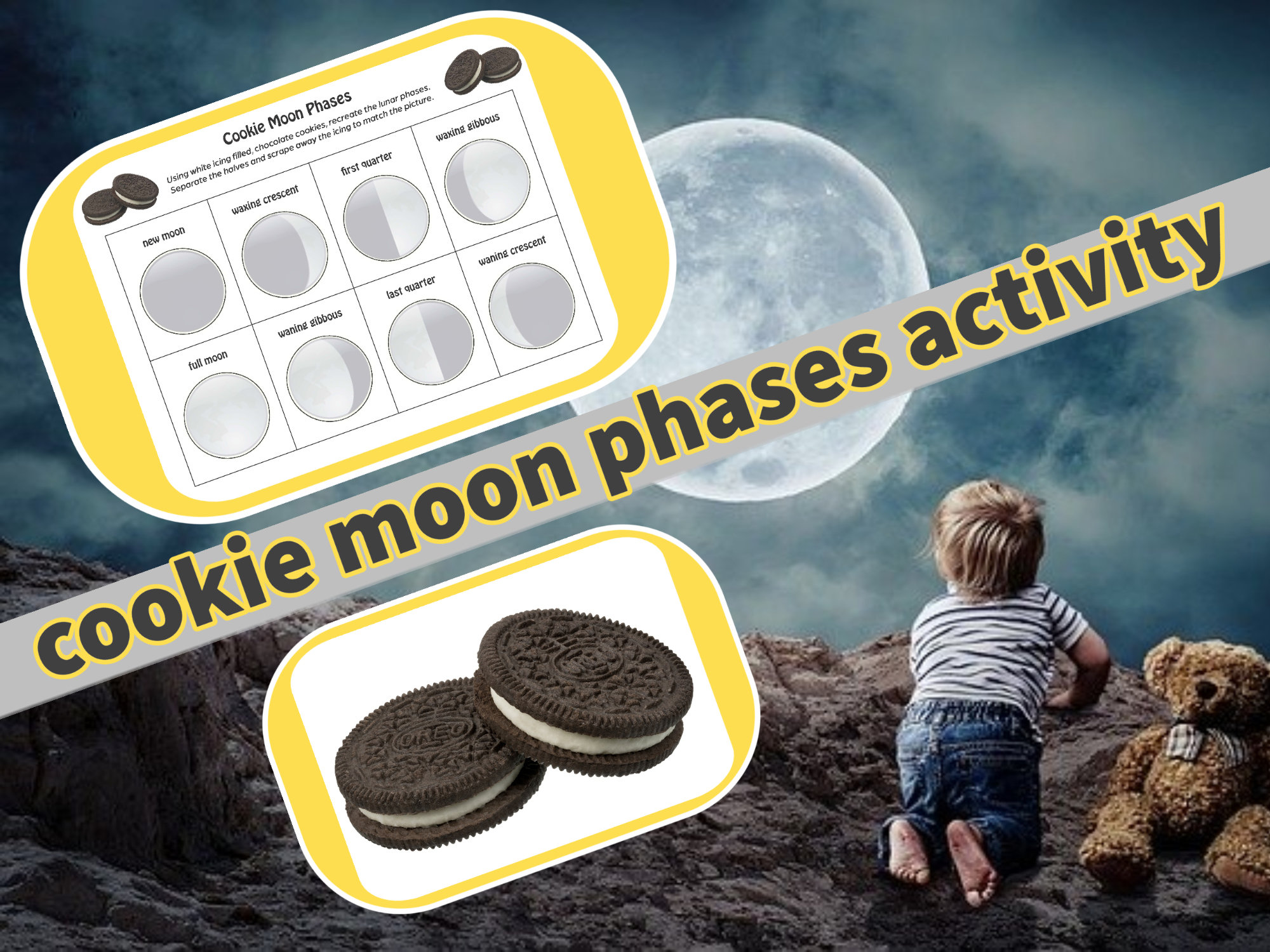 Oreo cookie moon phases sheet printable fun educational activity page for moon study topic instant digital download