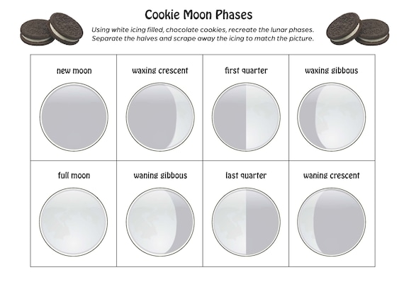 Oreo cookie moon phases sheet printable fun educational activity page for moon study topic instant digital download