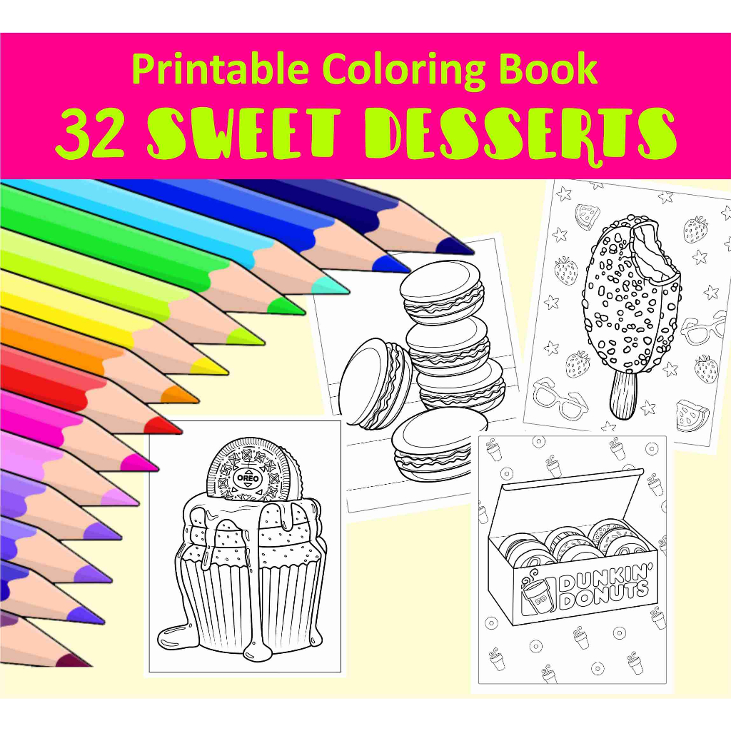 Softcopy pdf sweet desserts for kids printable coloring book for kids adults stress relief relaxing activity malaysia