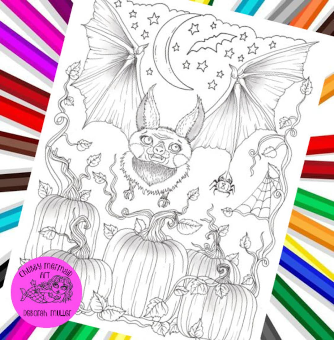 Cute little bat coloring page halloween coloring fun pdf pages instant downloads fall coloring moon bats