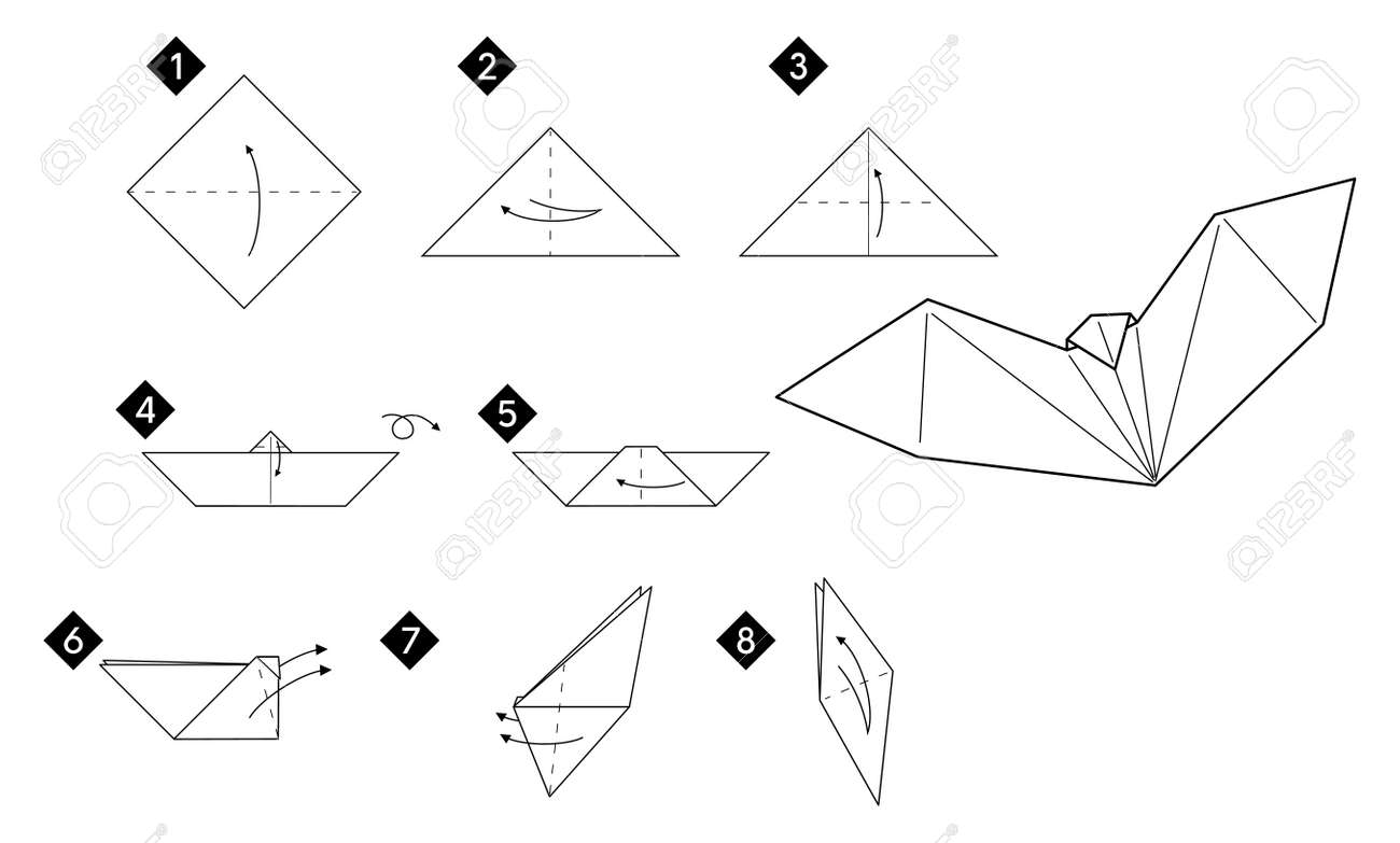 How to make origami bat step by step paper diy instruction vector monochrome black line illustration royalty free svg cliparts vectors and stock illustration image