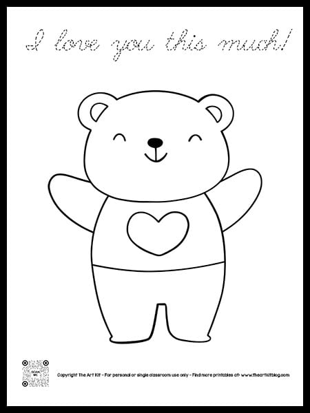 I love you this much coloring page with cute bear bubble font â the art kit