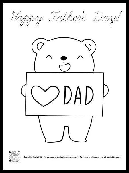 Printable happy fathers day coloring page with bear bubble font â the art kit