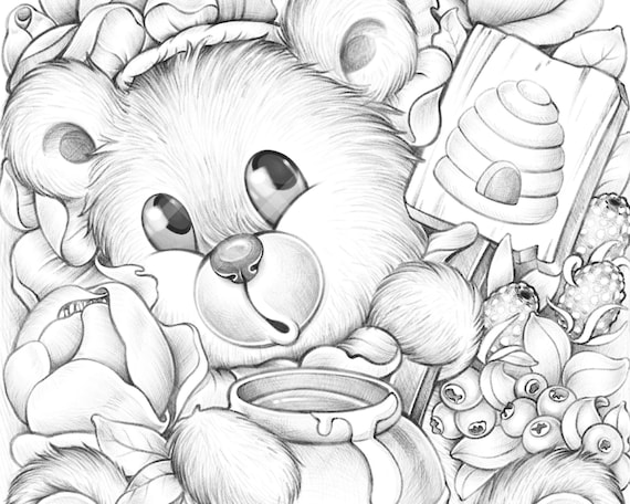 Blossom disguise cute coloring page for adults and kids flower bear honey bee printable grayscale coloring book page pdf digital graphic