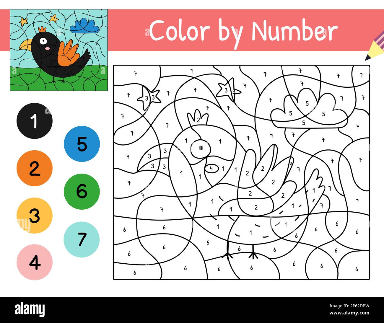 Cute bird color by number game for kids coloring page with funny crow character stock vector image art