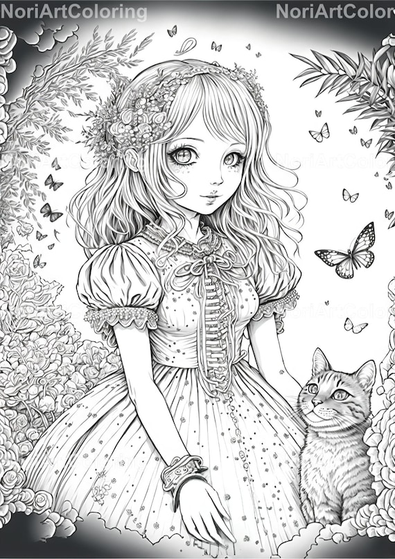 Anime alice in wonderland with cheshire cat coloring page printable adult coloring pages download black and white illustration instant download