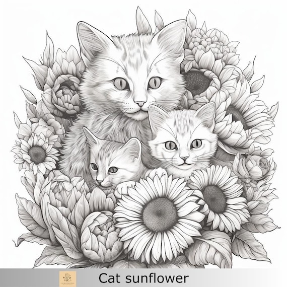 Greyscale cats sunflower printable coloring page printable adult coloring page download greyscale illustration png