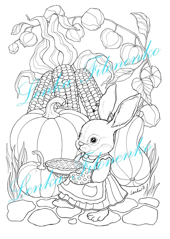 Thanksgiving bunny coloring page for adults line art pdf download and print instant download