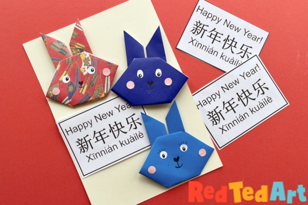 Bunny rabbit face origami for preschool on lunar new year