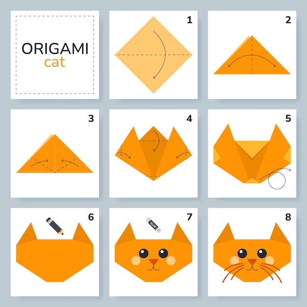 Premium vector cat origami scheme tutorial moving model origami for kids step by step how to make a cute origami