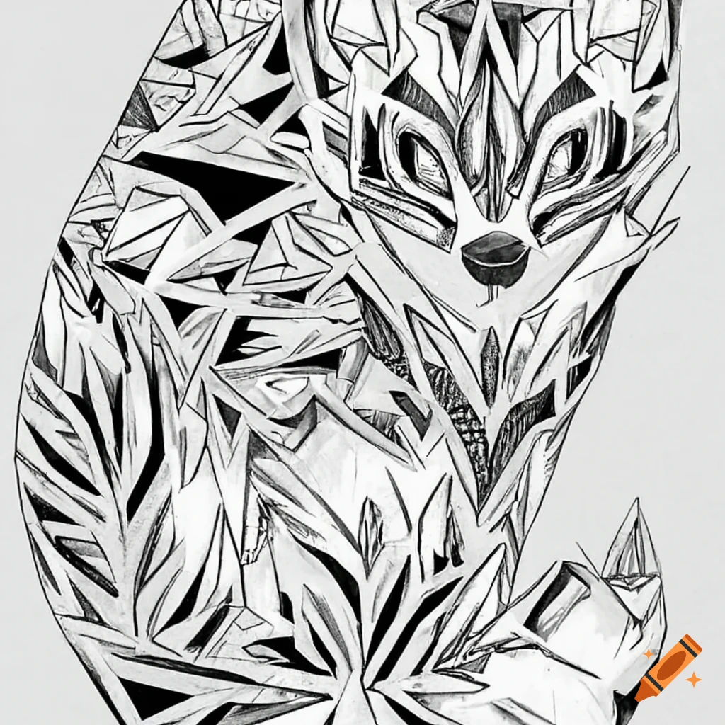 Black and white origami fox tattoo with intricate designs on