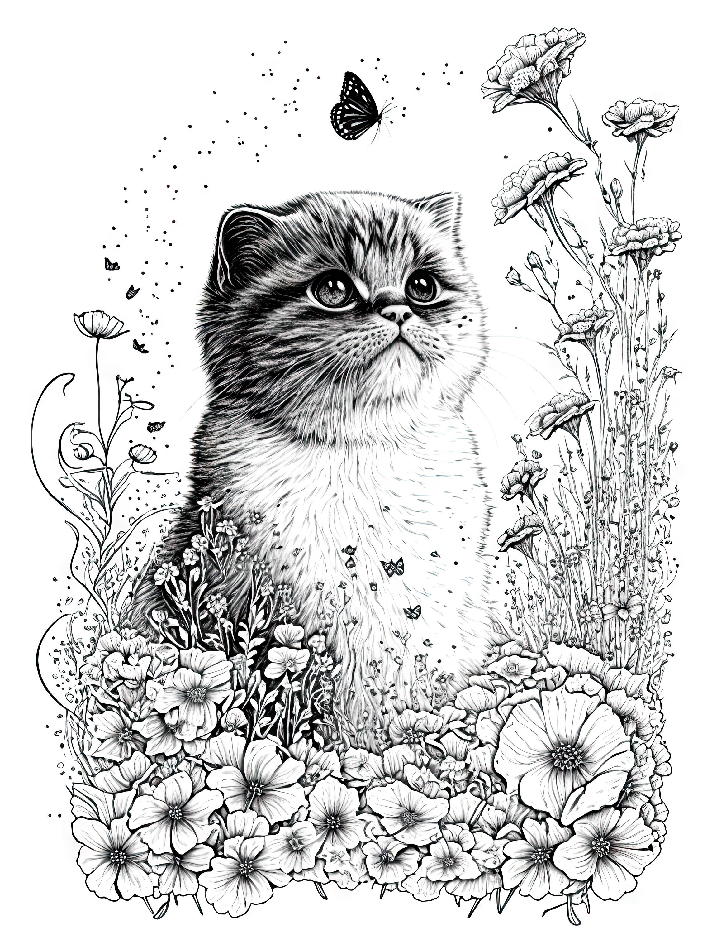 Scottish fold cat coloring sheet ai generated coloring page of an adorable scottish fold kitty with flowers instant download