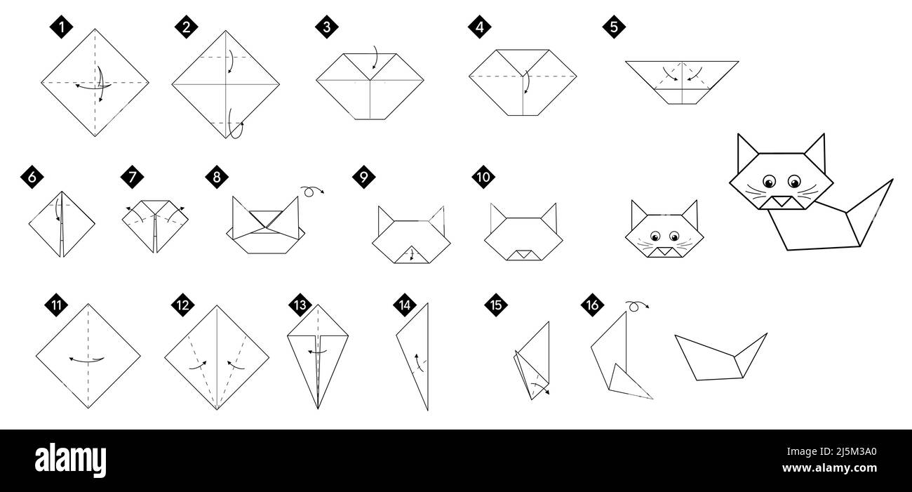 How to make origami cat black line monochrome step by step instructions easy diy for kids stock vector image art