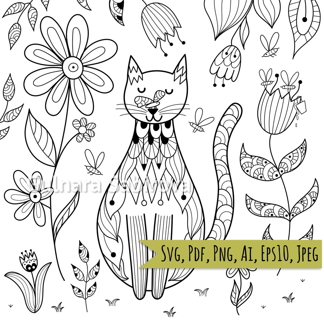 Cat coloring page pdf adult coloring page png jpeg ai eps printable coloring page for kids download now