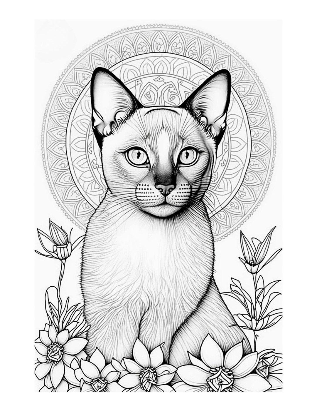 Cat mandala coloring pages instant download grayscale coloring pages printable pdf coloring pages