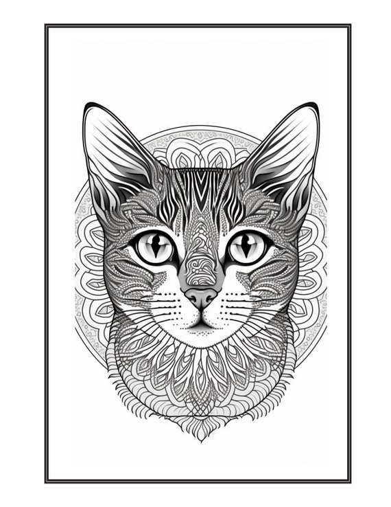 Cat mandala coloring pages i instant download grayscale coloring pages printable pdf coloring pages instant download