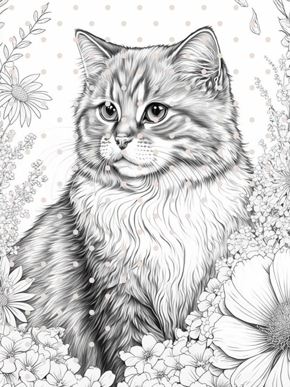 Fantasy style cats and kittens printable pdf grayscale coloring pages instant download grayscale coloring pages for kids and adults