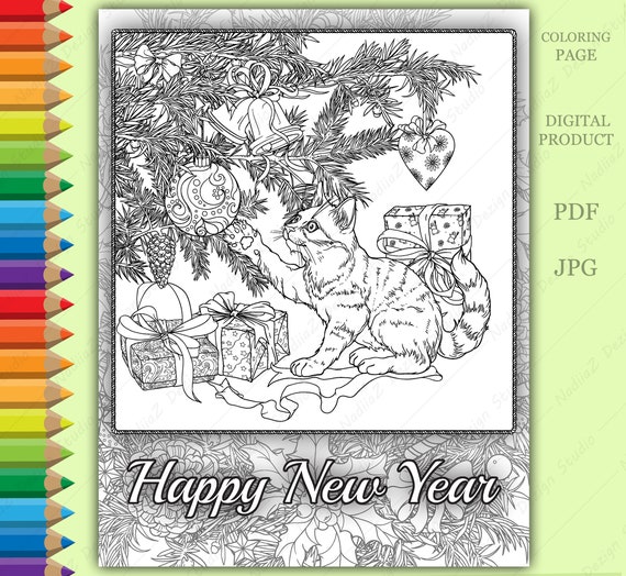 New year coloring page with cat adult coloring page pdf printable coloring page digital download instant download