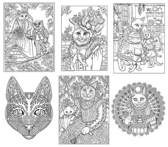 Fantastic cats coloring pages for adults instant pdf downloadable coloring book