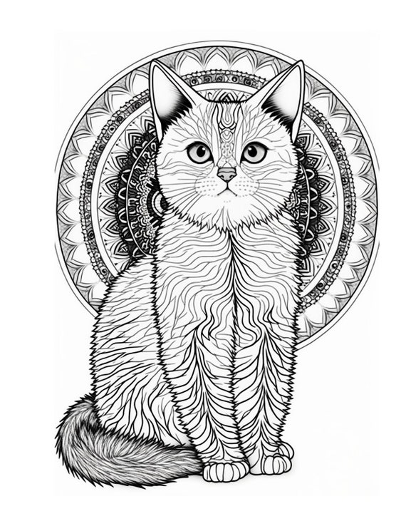 Cat mandala coloring pages i instant download grayscale coloring pages printable pdf coloring pages instant download