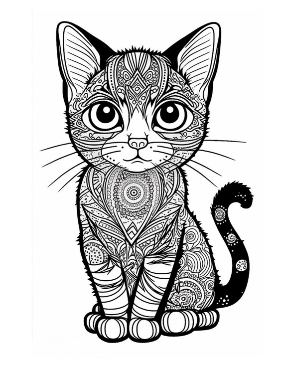 Cat mandala coloring pages instant download grayscale coloring pages printable pdf coloring pages