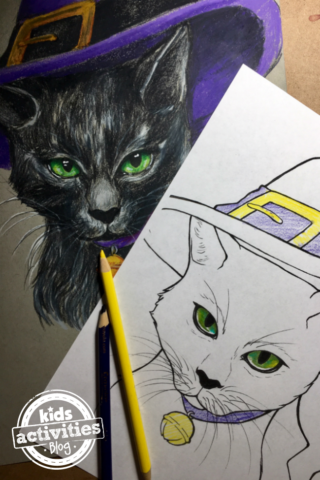 Printable halloween cat coloring pages with coloring instruction video kids activities blog