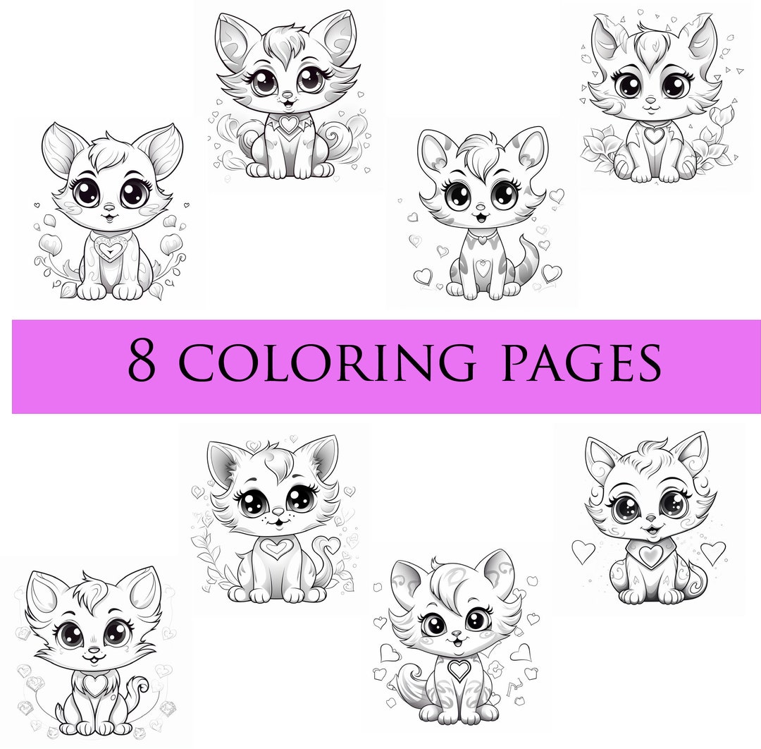 Printable coloring page instant pdf download cute litle cat with heart kids colouring book