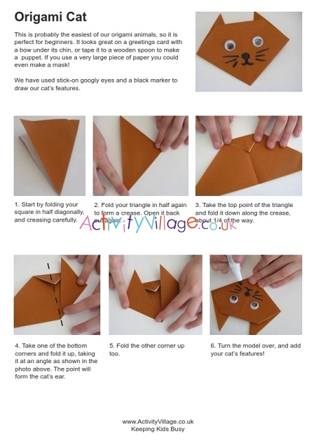 Simple origami cat for kids to fold