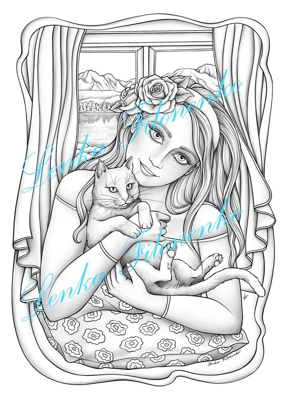 Coloring page for adults beautiful girl with cat grey scale pdf download and print