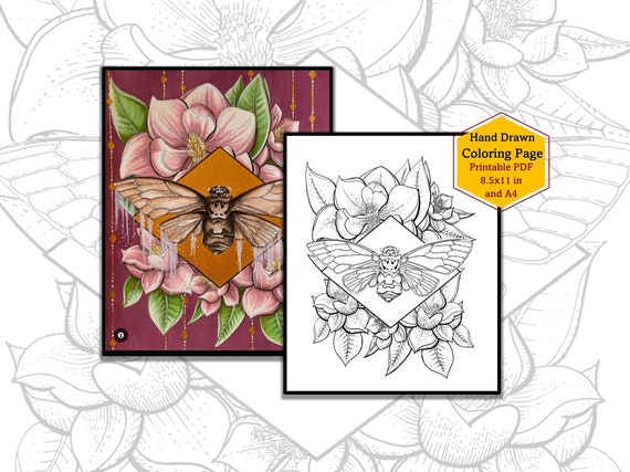 Cicada coloring page adult coloring page insect coloring pdf floral design magnolia flower coloring sheet brood x cicada bug art print