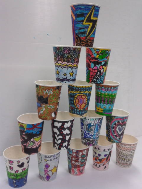 Paper cup design by primary teacher lems art class