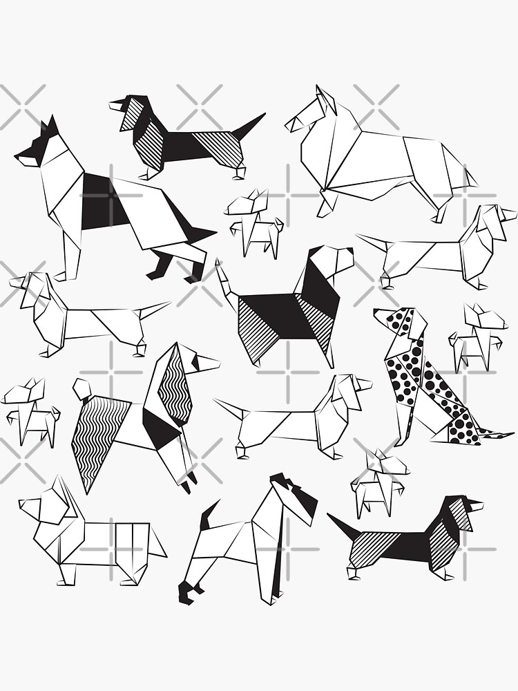 Origami doggie friends white background coloring paper chihuahuas dachshunds corgis beagles german shepherds collies poodles terriers dalmatians sticker for sale by selmacardoso
