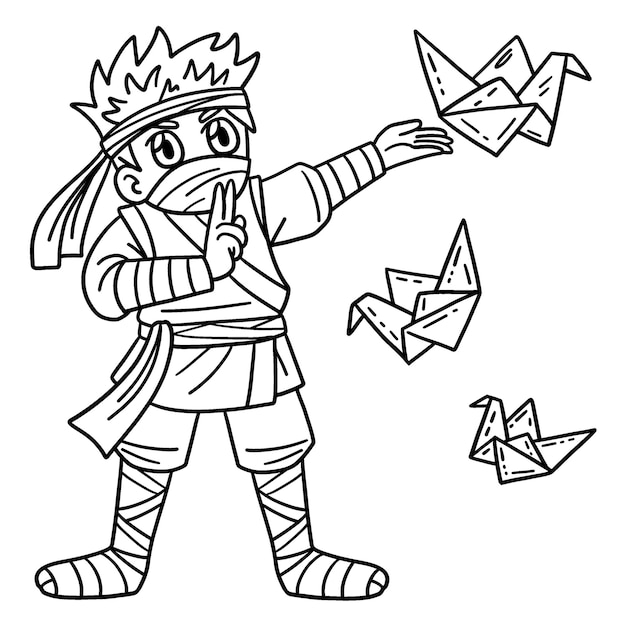 Premium vector a cute and funny coloring page of a ninja with origami provides hours of coloring fun for children color this page is very easy suitable for little kids and