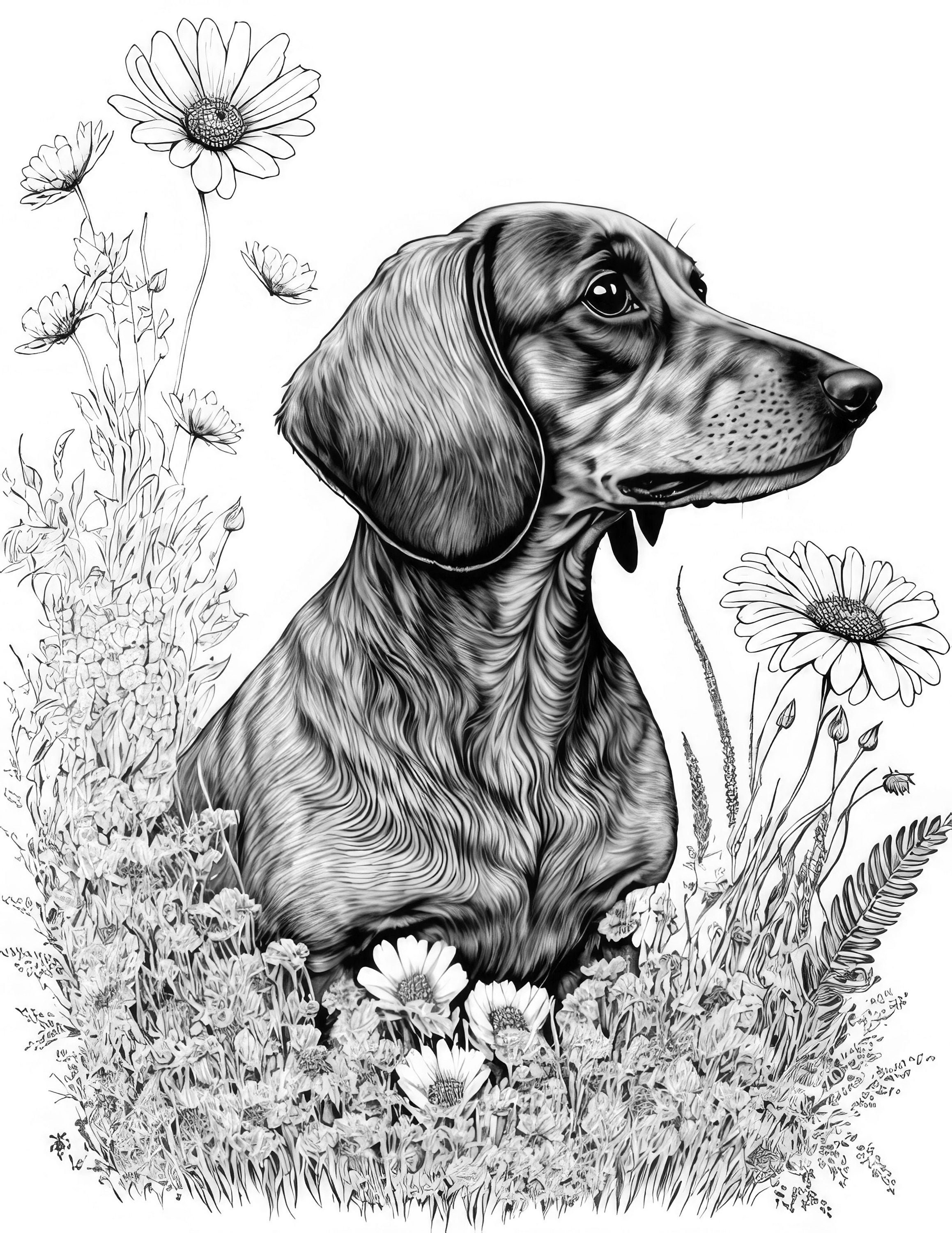 Dachshund adult coloring sheet ai generated coloring page of a dachshund dog with flowers instant download