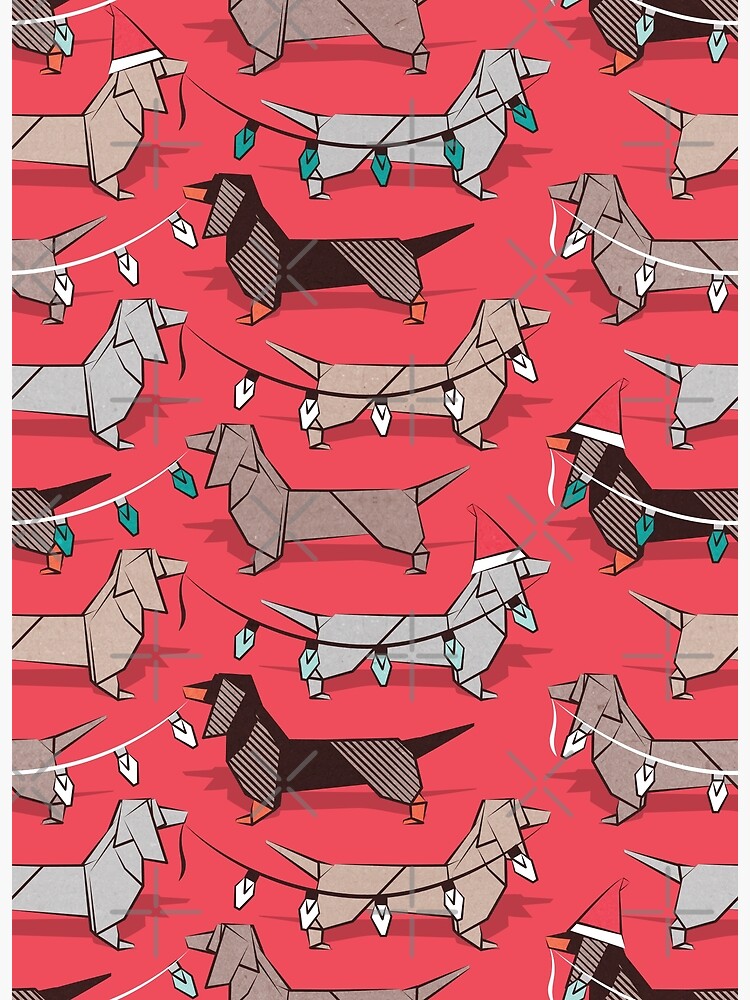 Origami christmas dachshunds sausage dogs red background greeting card for sale by selmacardoso