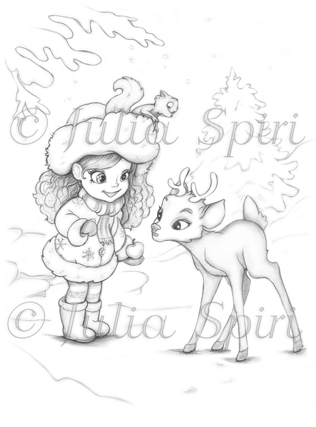 Coloring page digital stamp digi cute girl squirrel deer cartoon winter snow whimsy crafting grayscale line art lesly and fawn download now