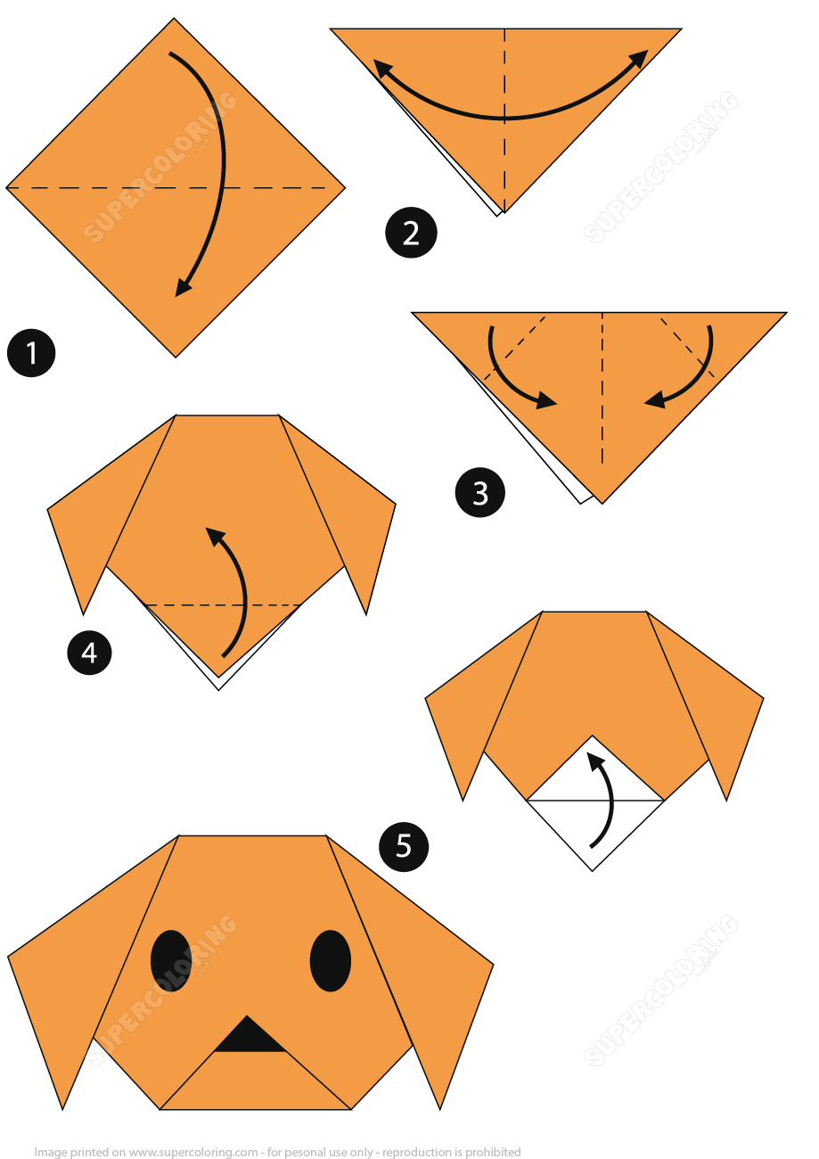 Origami step by step instructions of a dog face free printable papercraft templates