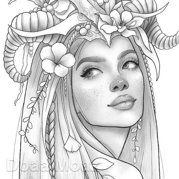 Printable coloring page fantasy floral girl portrait