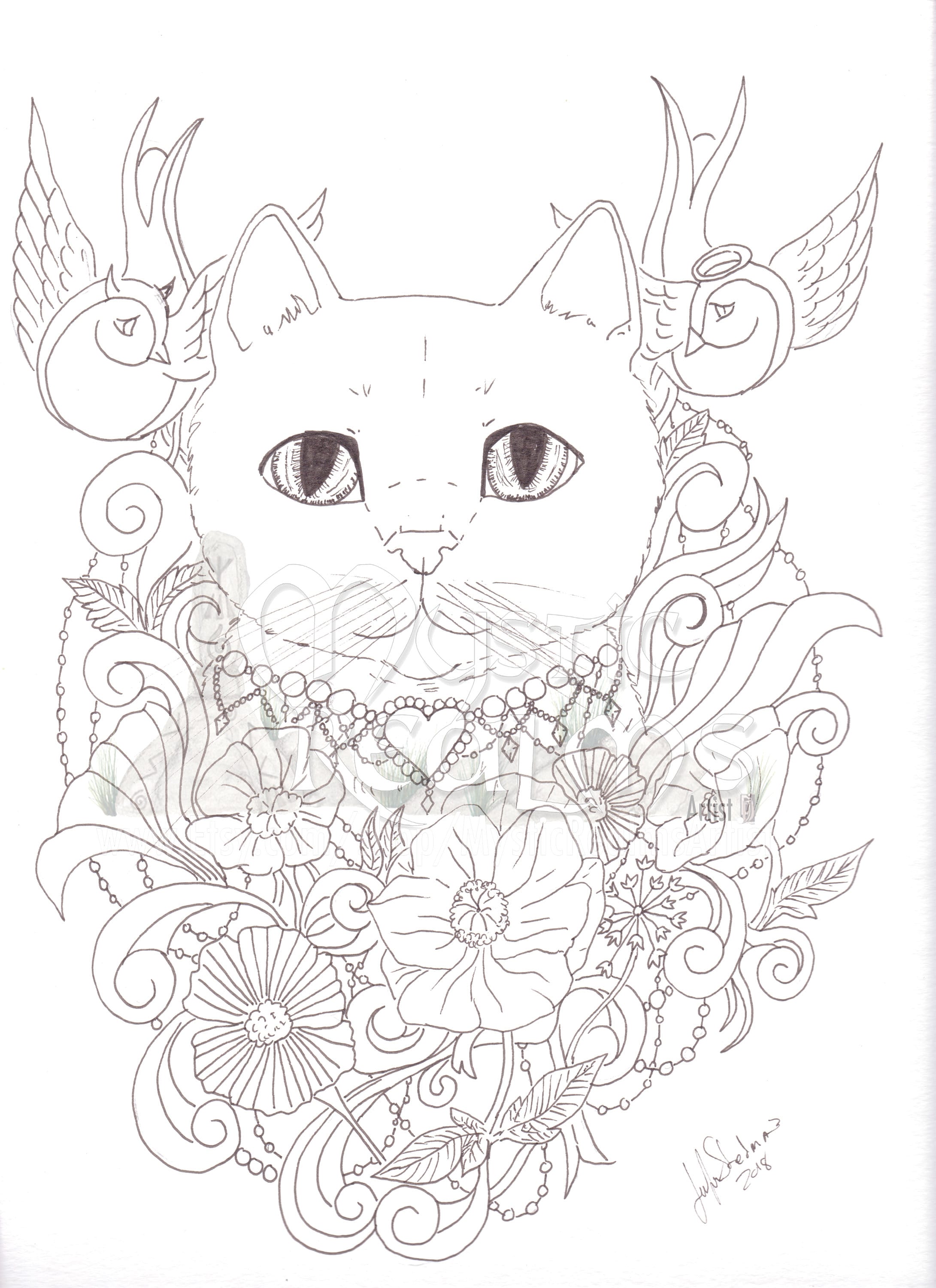 Coloring page download tabby cat angel devil cat tattoo style fancy cat art big eyes fantasy cat art flowers and birds cat download now