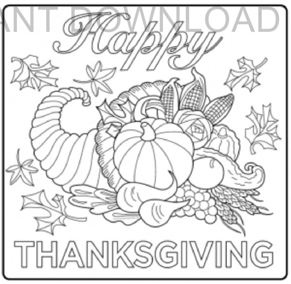 Printable x happy thanksgiving horn of plenty coloring pageinstant downloaddigital fileplus bonus