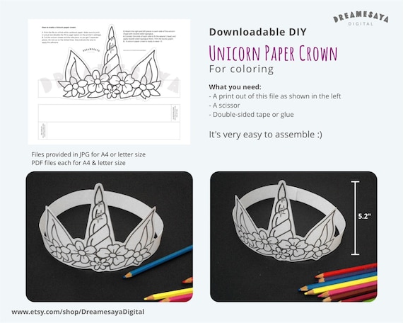 Printable unicorn horn and ears paper hat unicorn coloring page instant download paper crown kids party favor download now