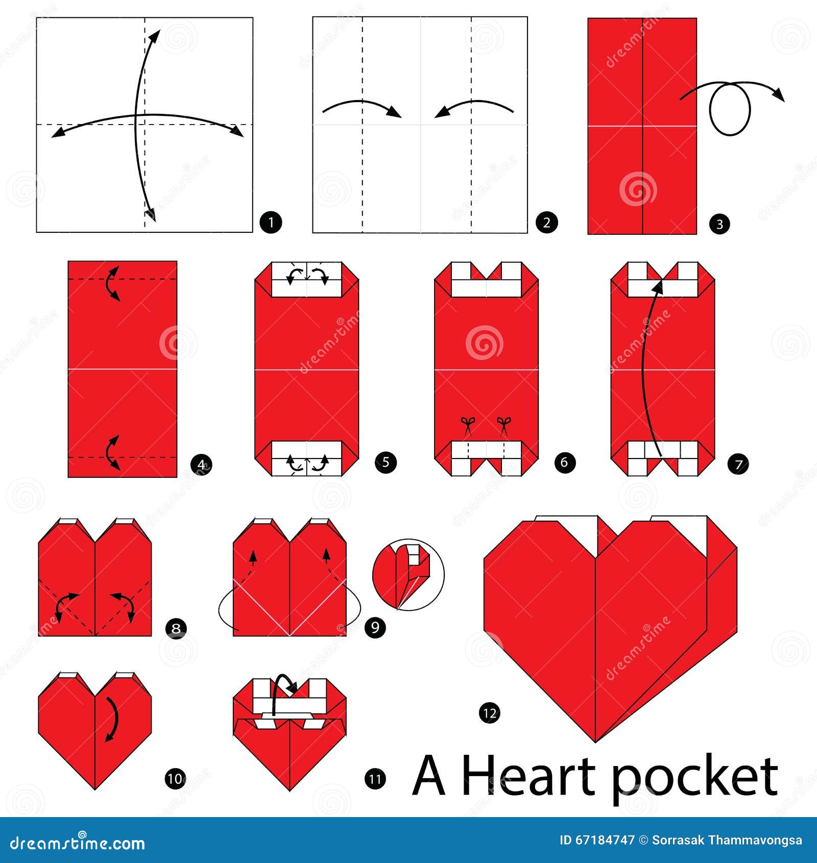 Step by step instructions how to make origami a heart pocket stock vector