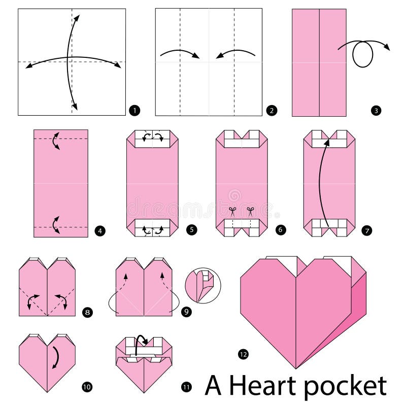 Step by step instructions how to make origami a heart pocket stock vector