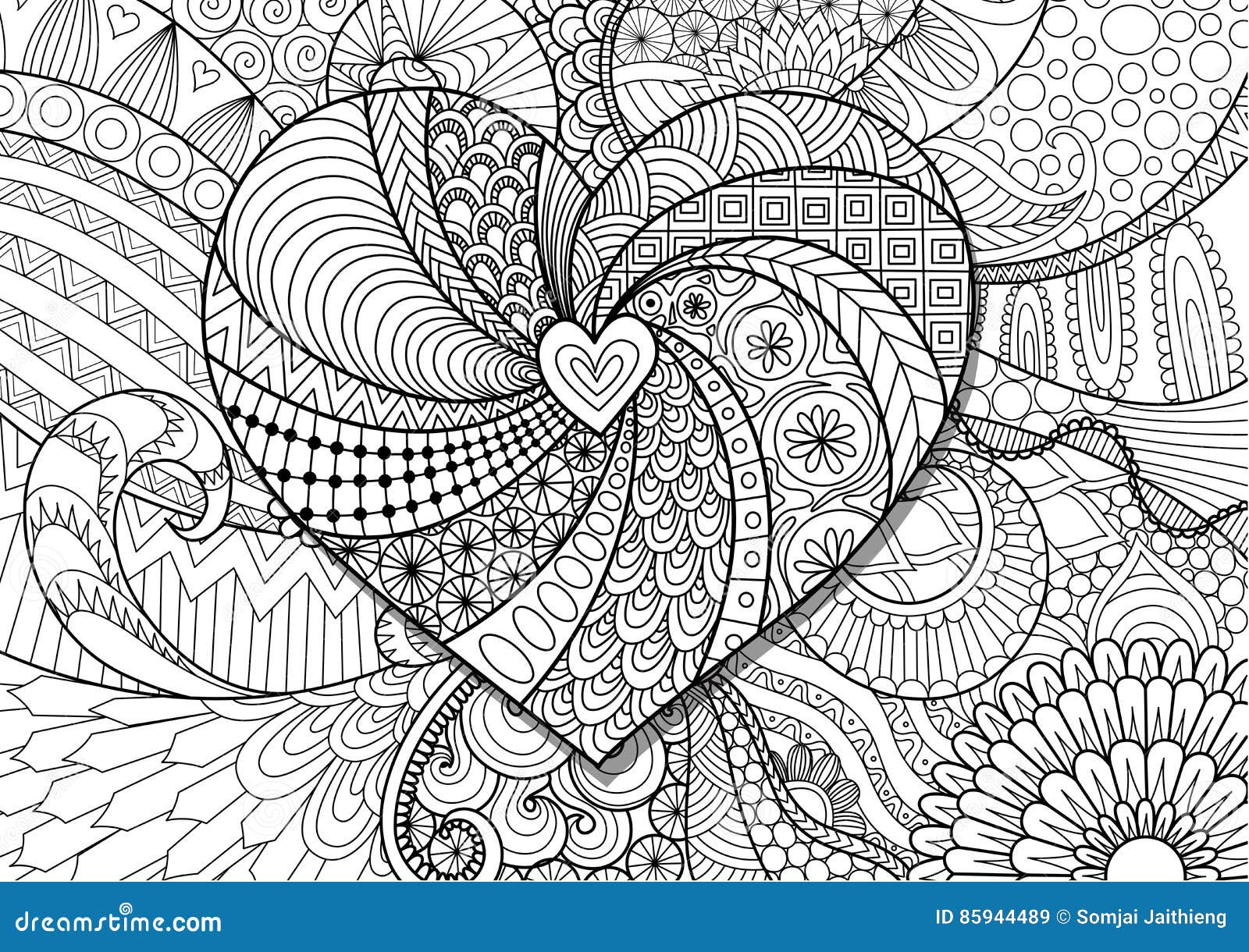 Heart on flowers zendoodle design for adult coloring book page stock vector stock vector