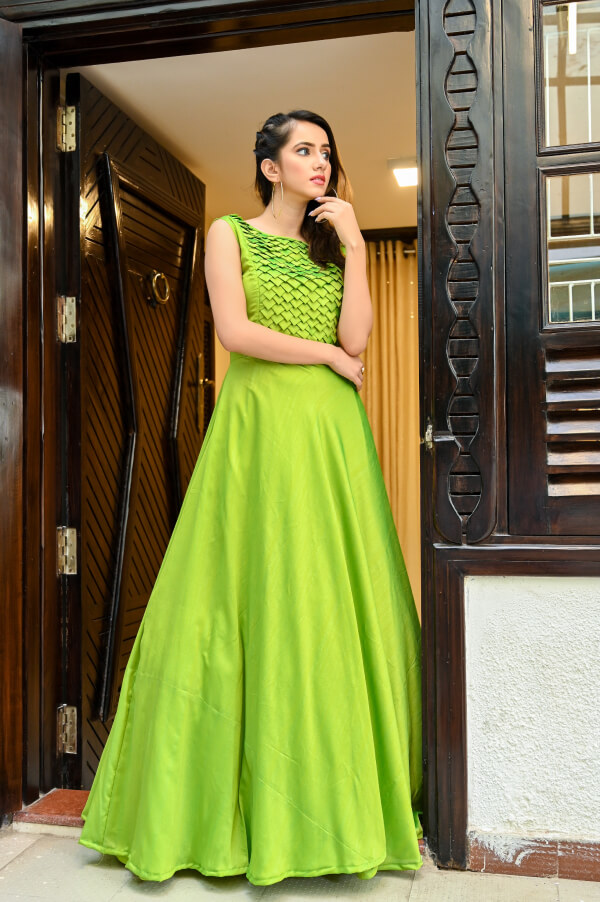 Parrot green flared gown w fabric origami triangles â hues