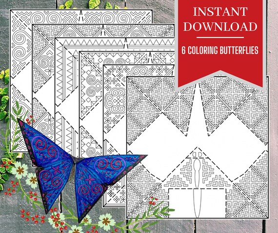 Origami butterfly coloring pages hmong symbols printable arts and craft adult and kids activity